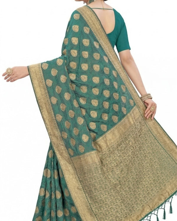 Mrs. SARDARNI Women's Bottle Green Art Silk Gulal Saree with Golden Zari Mango Butta & Tassel Pallu | Premium Ethnic Wear | Mrs. SARDARNI