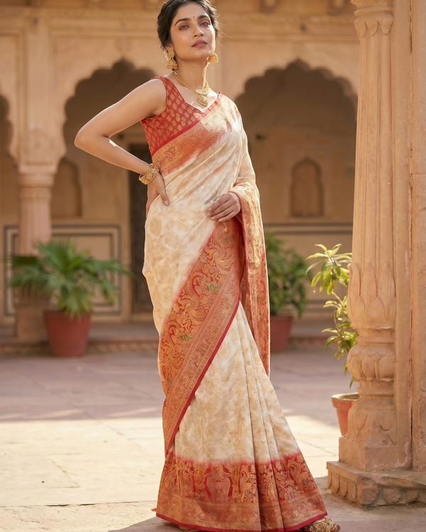 Mrs. SARDARNI Woven Soft Silk Saree - Cream Red