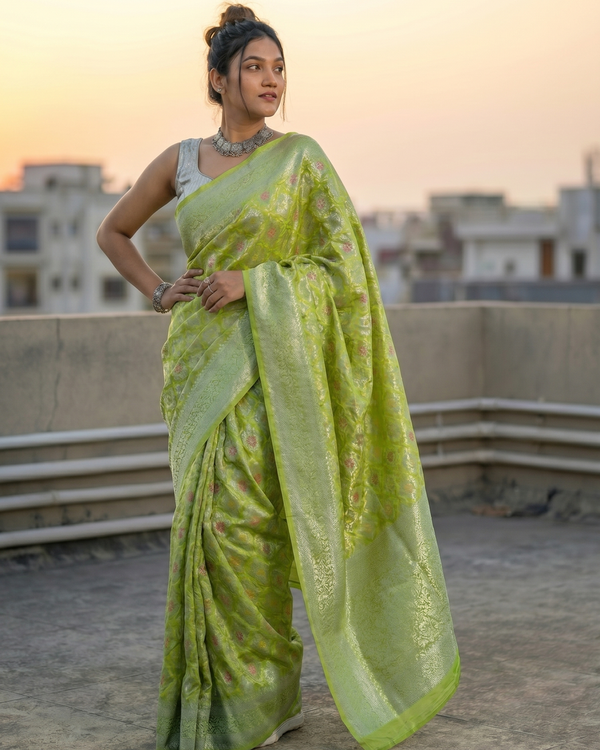 Mrs. SARDARNI Woven Soft Silk Saree - Lime Green