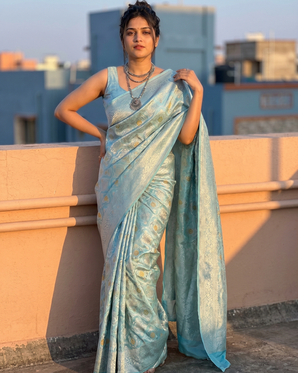 Mrs. SARDARNI Woven Soft Silk Saree - Mint Blue