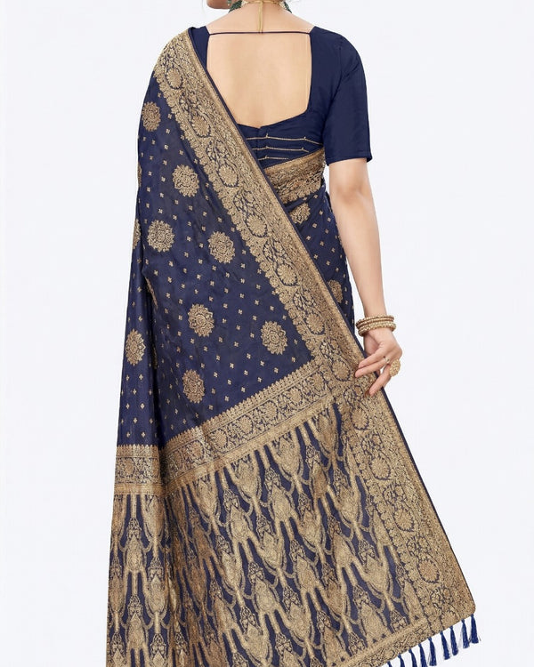 Mrs. SARDARNI Women's Navy Blue Art Silk Gulal Saree with Heavy Gold Zari Floral Mandalas & Tassel Pallu | Premium Ethnic Wear | Mrs. SARDARNI