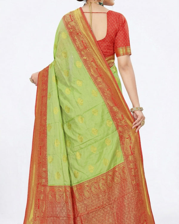 Mrs. SARDARNI Women's Parrot Green Art Silk Saree with Contrast Red Zari Border & Tassel Pallu | Premium Ethnic Wear | Mrs. SARDARNI