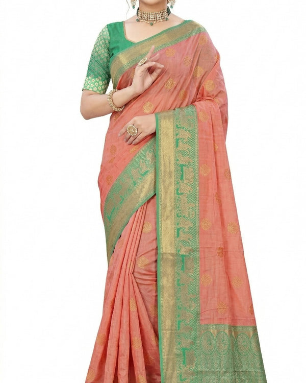 Mrs. SARDARNI Women's Peach Coral Art Silk Saree with Contrast Sea Green Zari Border & Tassels | Premium Ethnic Wear | Mrs. SARDARNI