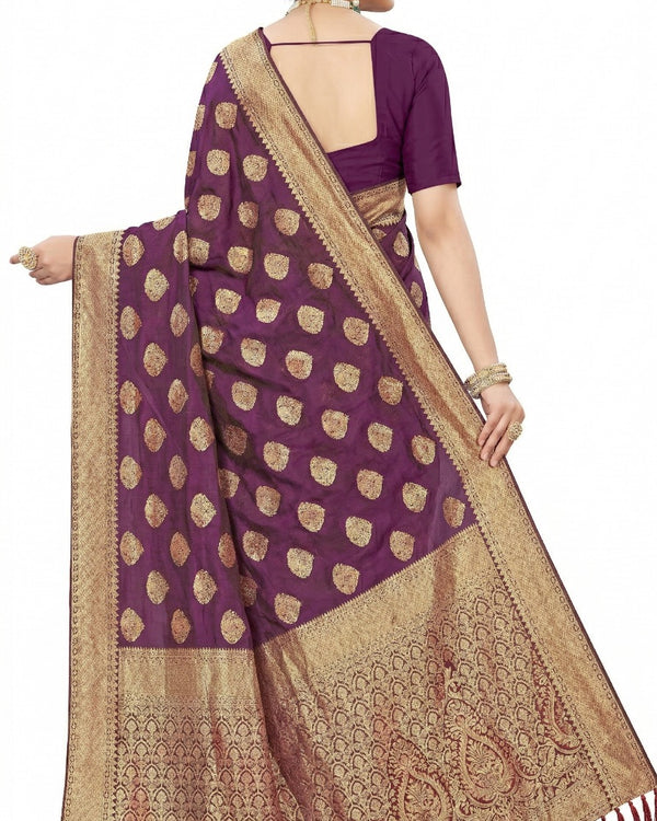Mrs. SARDARNI Women's Royal Purple Art Silk Gulal Saree with Golden Zari Leaf Butta & Tassel Pallu | Premium Ethnic Wear | Mrs. SARDARNI
