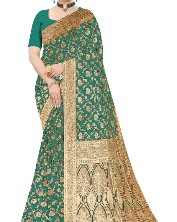 Mrs. SARDARNI Women's Sea Green Art Silk Gulal Saree with Heavy Gold Zari Floral Jaal & Tassel Pallu | Premium Ethnic Wear | Mrs. SARDARNI