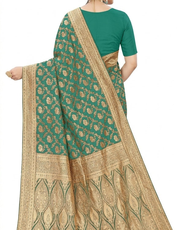 Mrs. SARDARNI Women's Sea Green Art Silk Gulal Saree with Heavy Gold Zari Floral Jaal & Tassel Pallu | Premium Ethnic Wear | Mrs. SARDARNI