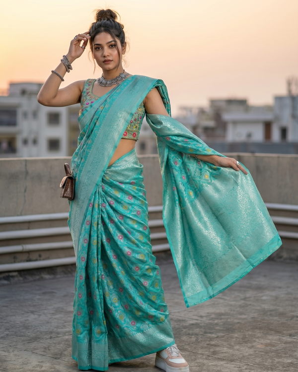 Mrs. SARDARNI Woven Soft Silk Saree - Teal