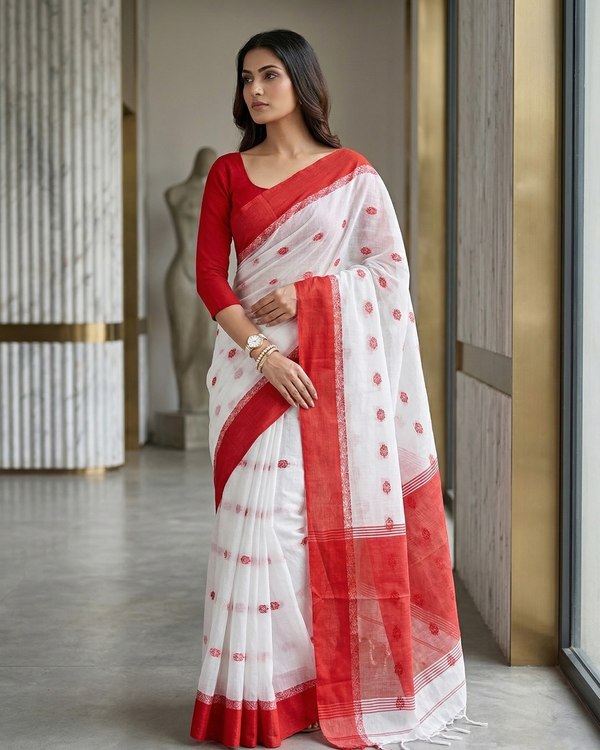 Classic White & Red Woven Cotton Saree | Mrs. SARDARNI