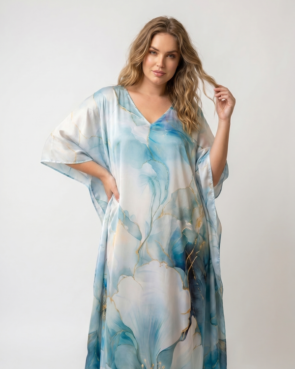 Mrs. SARDARNI Premium Designer Printed Kaftan - Blue White Marble