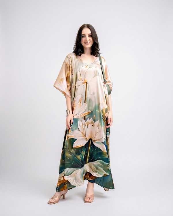 Mrs. SARDARNI Premium Designer Printed Kaftan - Dark Green Lotus