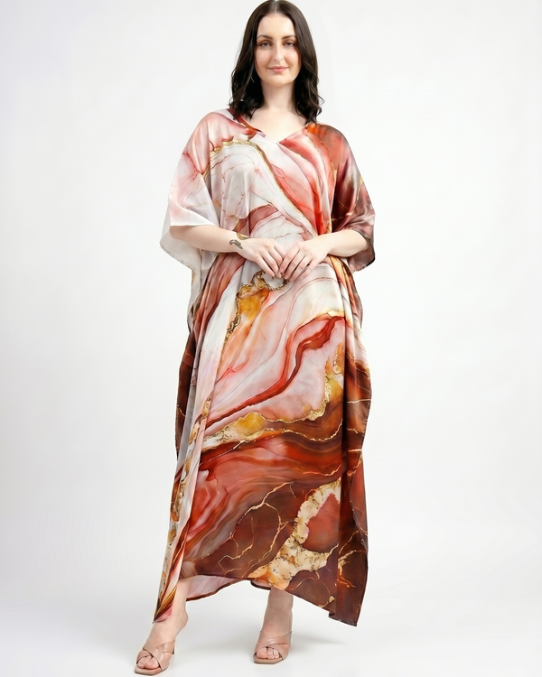 Mrs. SARDARNI Premium Designer Printed Kaftan - Orange Marble