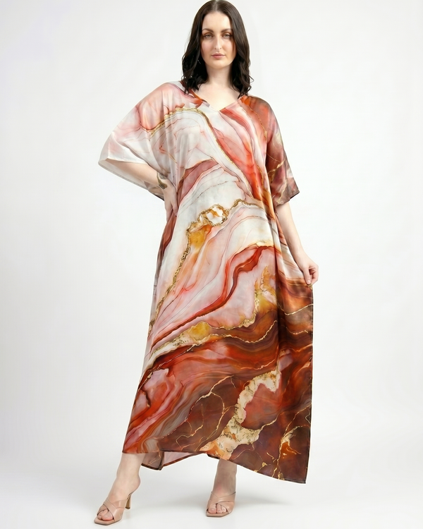 Mrs. SARDARNI Premium Designer Printed Kaftan - Orange Marble
