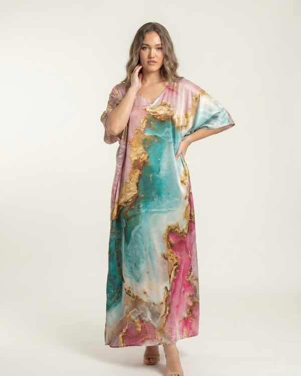 Mrs. SARDARNI Premium Designer Printed Kaftan - Pink Turquoise