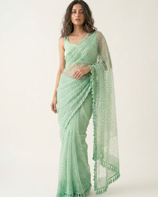 Mrs. SARDARNI Premium Embroidered Net Saree - Mint Green