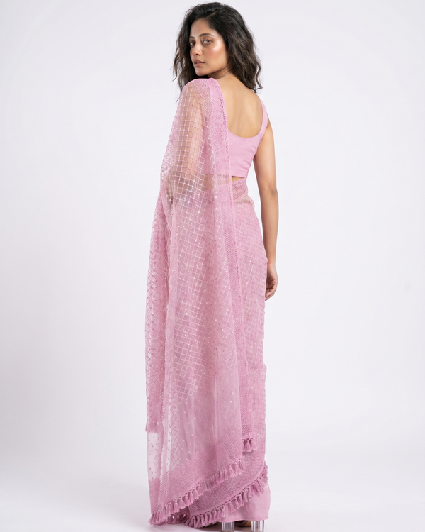 Mrs. SARDARNI Premium Embroidered Net Saree - Pink