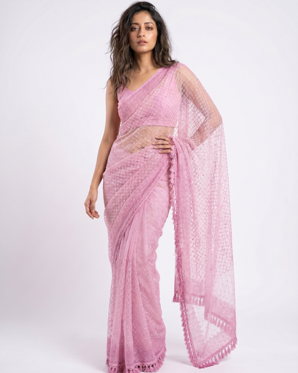 Mrs. SARDARNI Premium Embroidered Net Saree - Pink
