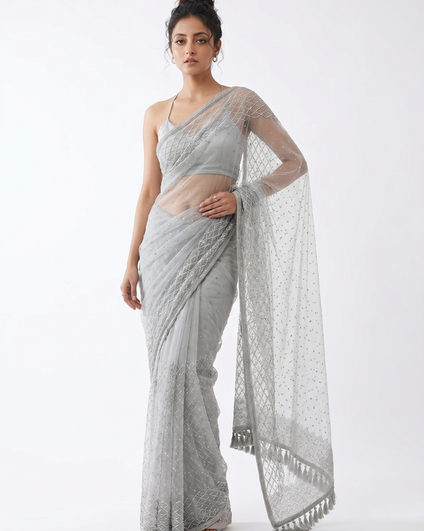 Mrs. SARDARNI Premium Embroidered Net Saree - Silver