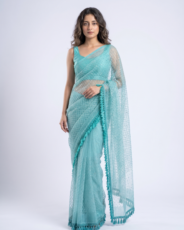Mrs. SARDARNI Premium Embroidered Net Saree - Turquoise