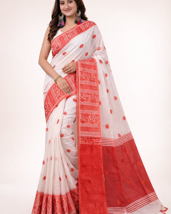 Elegant White & Red Silk Bol Butti Saree | Traditional Hand-Woven Ethnic Wear with Tassels | Premium Ethnic Wear | Mrs. SARDARNI