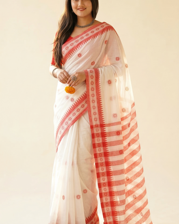 Authentic White & Red Cotton Shiuli Saree | Traditional Wear by Mrs. Sardarni