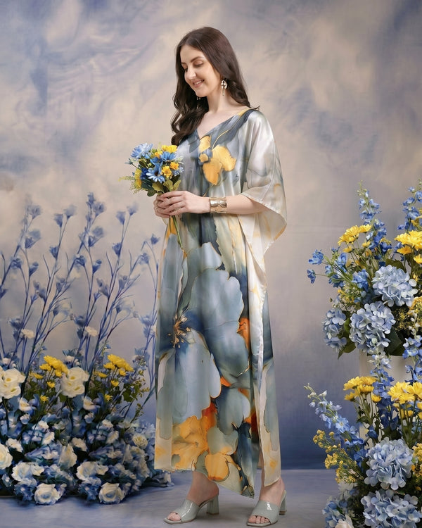 Elegant Floral Silk-Satin Kaftan Maxi Dress - Mrs. SARDARNI Exclusive