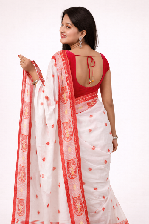Classic White and Red Cotton Saree with Traditional Kulo Design | Premium Ethnic Wear | Mrs. SARDARNI