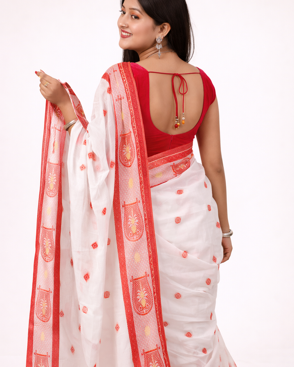 Classic White and Red Cotton Saree with Traditional Kulo Design | Premium Ethnic Wear | Mrs. SARDARNI