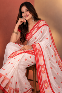 Classic White and Red Cotton Saree with Traditional Kulo Design | Premium Ethnic Wear | Mrs. SARDARNI
