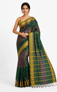 Exquisite Bottle Green Silk Kotki Jharna Saree – Golden Zari Border with Traditional Geometric | Premium Ethnic Wear | Mrs. SARDARNI