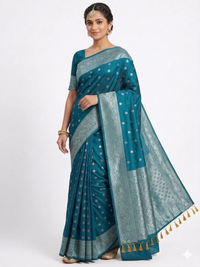 Mrs. SARDARNI Women's Rama Teal Blue Art Silk Saree with Silver Zari Weaving & Tassel Border | Premium Ethnic Wear | Mrs. SARDARNI