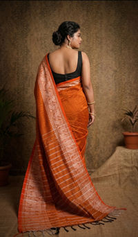 Premium Rust Orange Woven Saree with Majestic Silver Border | Mrs. SARDARNI