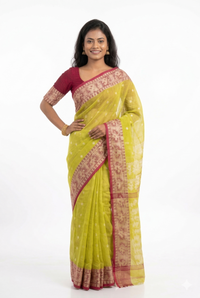 Mrs. SARDARNI Traditional Bengal Tant Jamdani Cotton Saree - Yellow Green | Premium Ethnic Wear