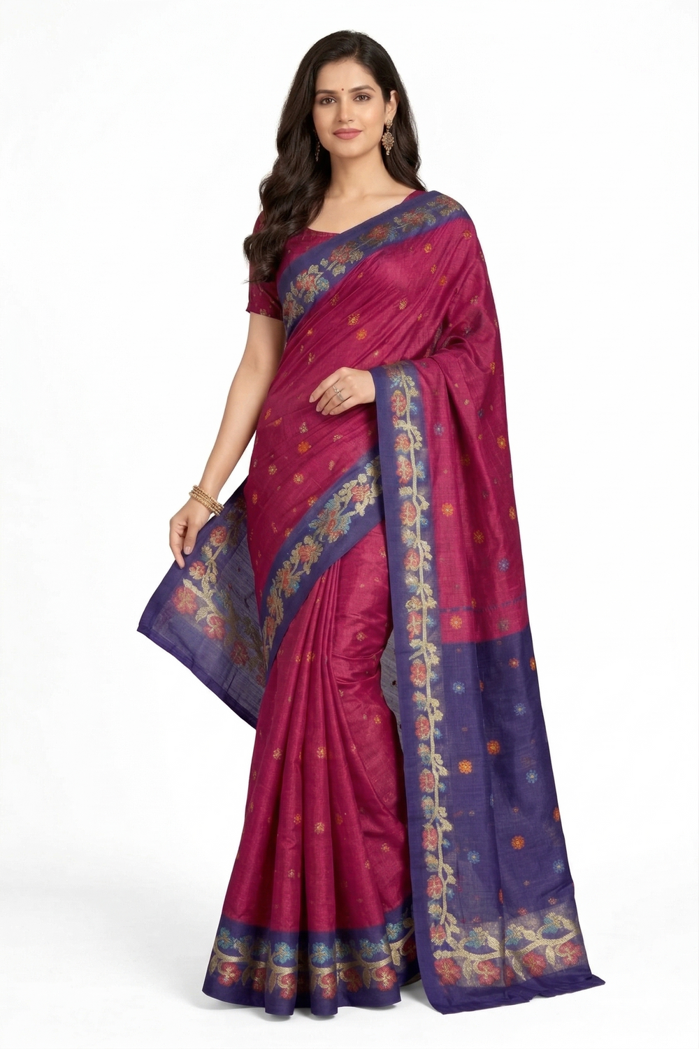 Luxurious Garol Muslin Saree – Magenta & Royal Blue Dual-Tone with Floral Embroidery | Premium Ethnic Wear | Mrs. SARDARNI