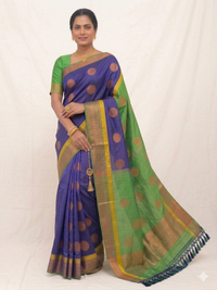 Mrs. SARDARNI Women's Royal Blue Softi Silk Saree with Parrot Green Contrast Border & Big Butta Work | Premium Ethnic Wear | Mrs. SARDARNI