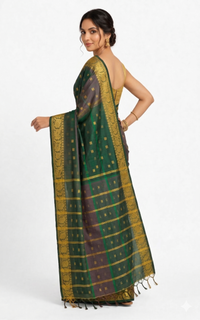 Exquisite Bottle Green Silk Kotki Jharna Saree – Golden Zari Border with Traditional Geometric | Premium Ethnic Wear | Mrs. SARDARNI