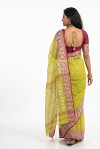 Mrs. SARDARNI Traditional Bengal Tant Jamdani Cotton Saree - Yellow Green | Premium Ethnic Wear