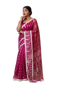 Exquisite Pink Jamdani Saree with White Lace Border | Mrs. SARDARNI