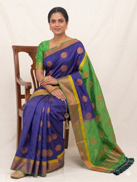 Mrs. SARDARNI Women's Royal Blue Softi Silk Saree with Parrot Green Contrast Border & Big Butta Work | Premium Ethnic Wear | Mrs. SARDARNI