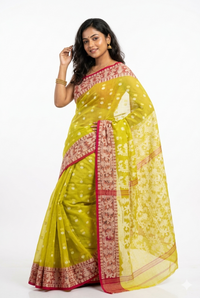 Mrs. SARDARNI Traditional Bengal Tant Jamdani Cotton Saree - Yellow Green | Premium Ethnic Wear