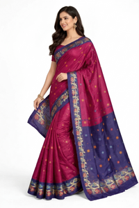 Luxurious Garol Muslin Saree – Magenta & Royal Blue Dual-Tone with Floral Embroidery | Premium Ethnic Wear | Mrs. SARDARNI