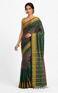 Exquisite Bottle Green Silk Kotki Jharna Saree – Golden Zari Border with Traditional Geometric | Premium Ethnic Wear | Mrs. SARDARNI