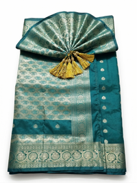 Mrs. SARDARNI Women's Rama Teal Blue Art Silk Saree with Silver Zari Weaving & Tassel Border | Premium Ethnic Wear | Mrs. SARDARNI