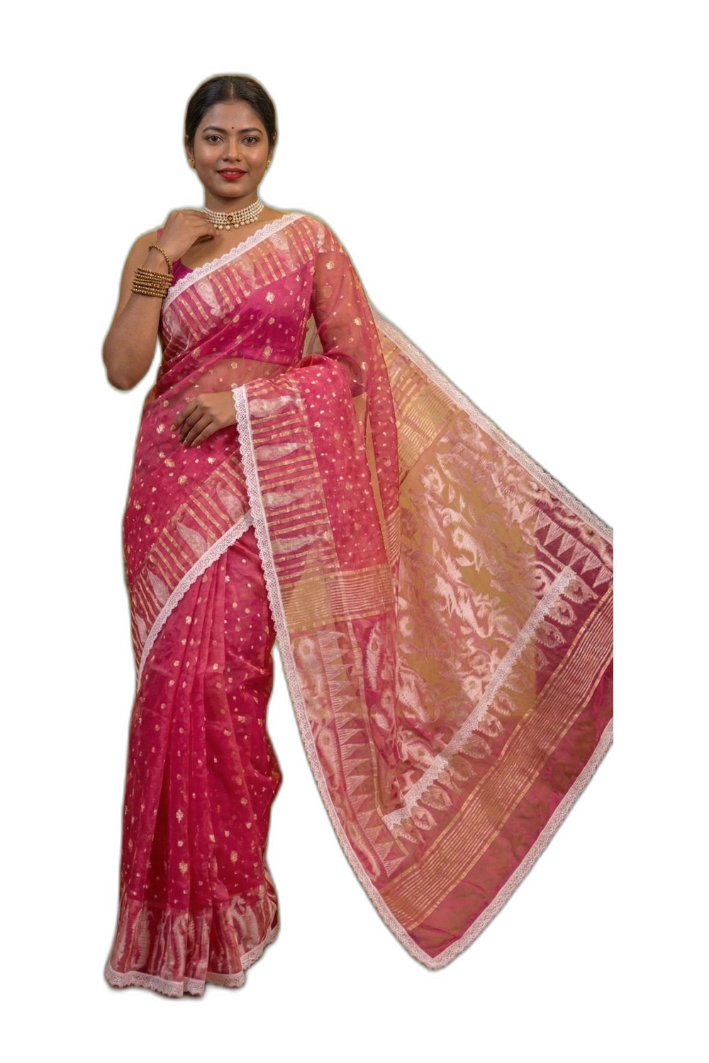 Premium Pink Jamdani Saree with Gold Zari & Lace Border | Mrs. SARDARN | Premium Ethnic Wear | Mrs. SARDARNI