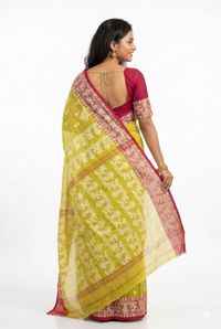 Mrs. SARDARNI Traditional Bengal Tant Jamdani Cotton Saree - Yellow Green | Premium Ethnic Wear