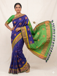 Mrs. SARDARNI Women's Royal Blue Softi Silk Saree with Parrot Green Contrast Border & Big Butta Work | Premium Ethnic Wear | Mrs. SARDARNI