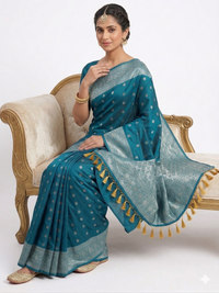 Mrs. SARDARNI Women's Rama Teal Blue Art Silk Saree with Silver Zari Weaving & Tassel Border | Premium Ethnic Wear | Mrs. SARDARNI