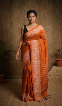 Premium Rust Orange Woven Saree with Majestic Silver Border | Mrs. SARDARNI