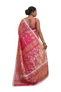 Premium Pink Jamdani Saree with Gold Zari & Lace Border | Mrs. SARDARN | Premium Ethnic Wear | Mrs. SARDARNI