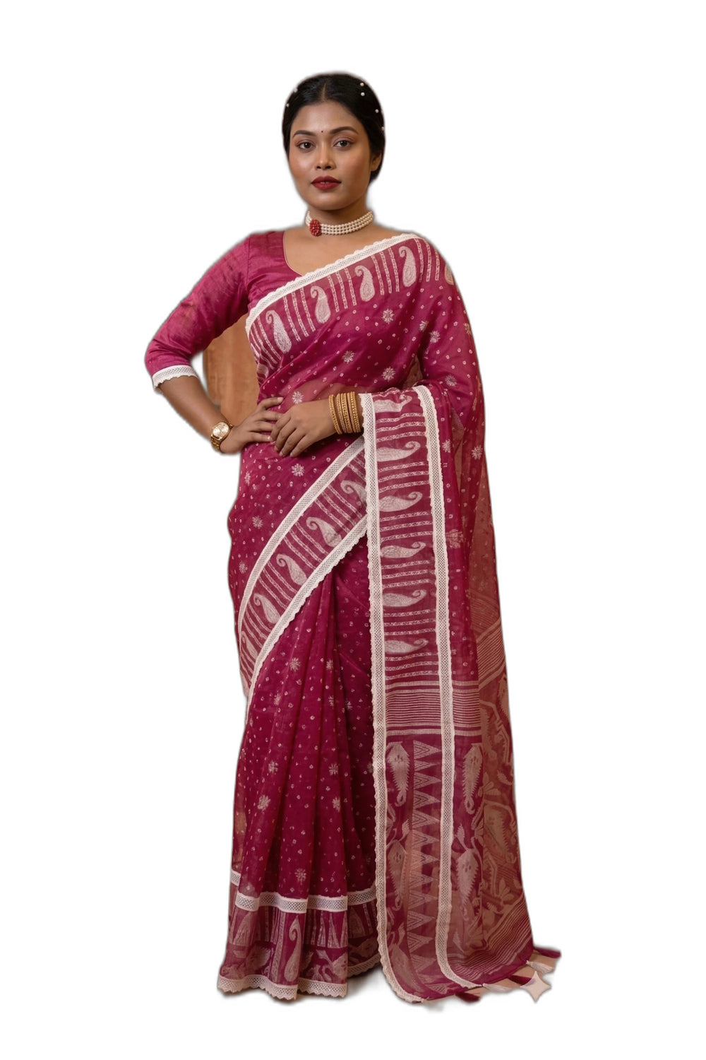 Exquisite Pink Jamdani Saree with White Lace Border | Mrs. SARDARNI
