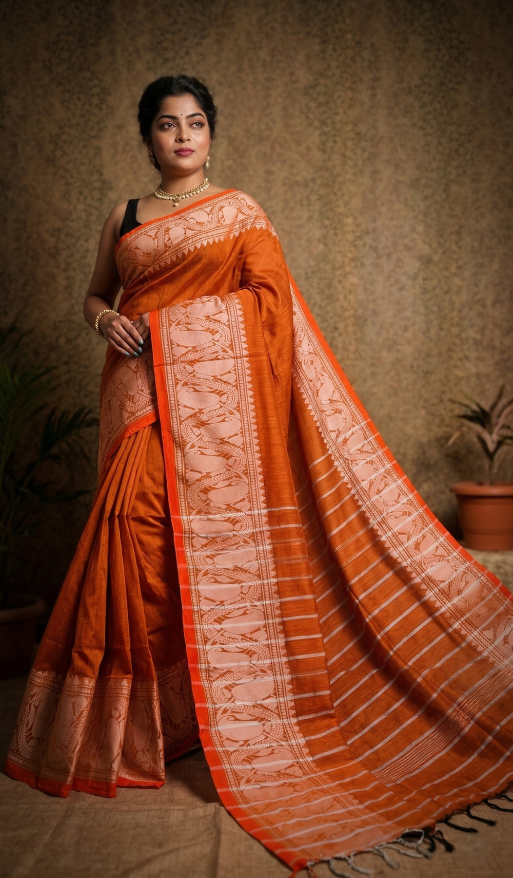 Premium Rust Orange Woven Saree with Majestic Silver Border | Mrs. SARDARNI